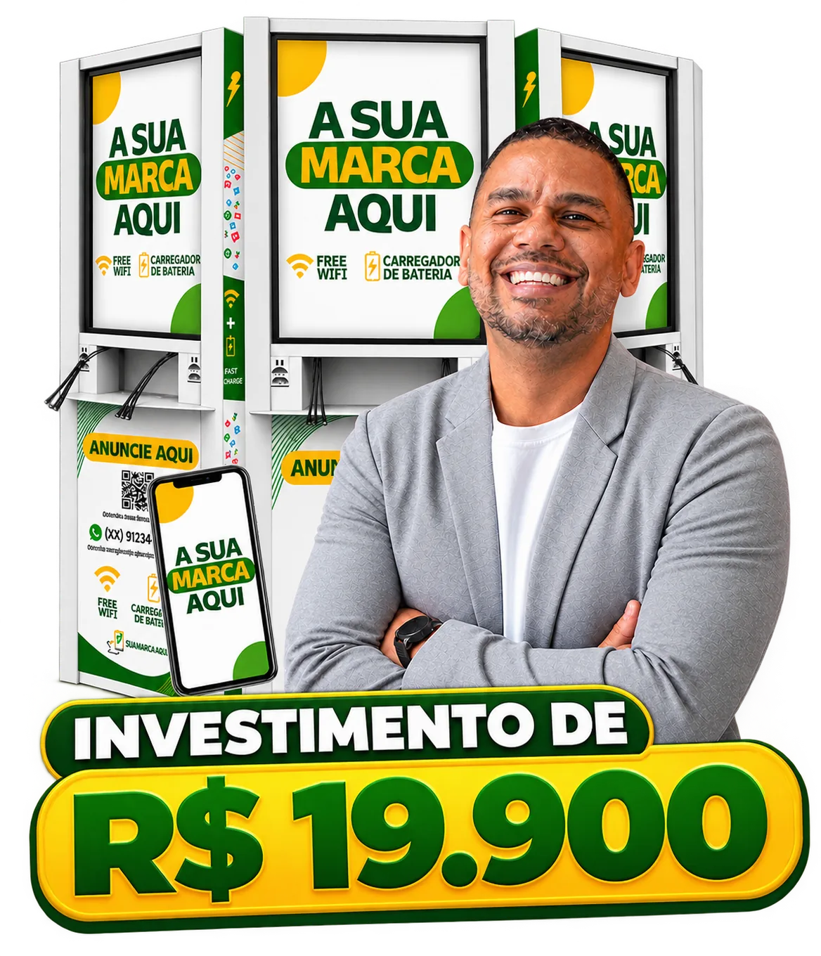 Rafael Soares, fundador da Santa Carga, com os totens de mídia: franquia a partir de R$ 19.900